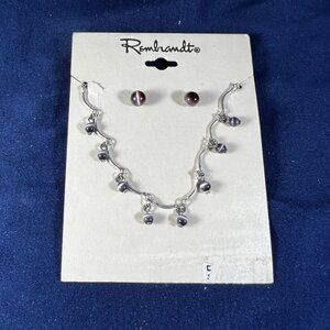 Rembrandt Silver Tone Necklace & Earrings Set With Purple Beads On Original Card
